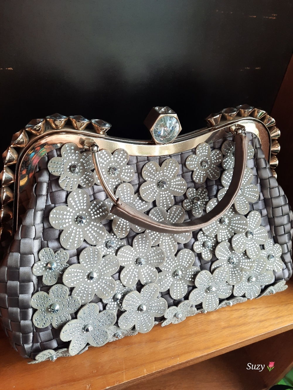 Taupe Satin Hand/Shoulder Bag, Gold Toned, Large Rhinestones, Flower Cutouts - Picture 4 of 6